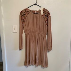 Roolee Tan Dress with Floral Embroidery